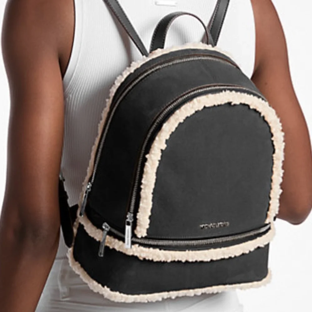 MICHAEL KORS Rhea Medium Suede and Faux Shearling Backpack Black NWT